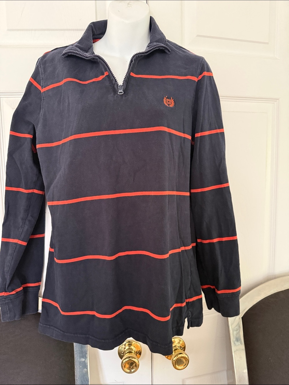 Chaps Navy Quarter-Zip Sweater with Red Stripes